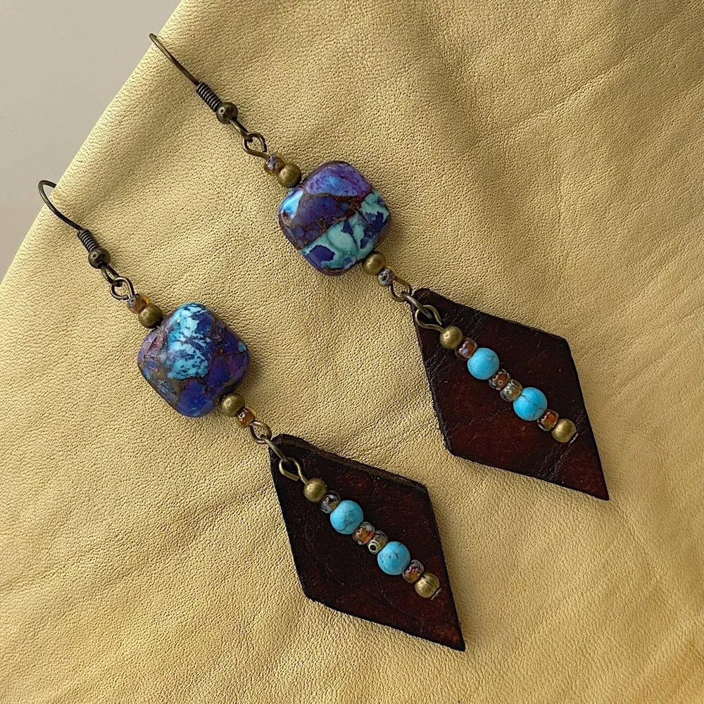 Leather Gemstone Dangle Earrings Bronze Infused Turquoise Picasso Antique Brass